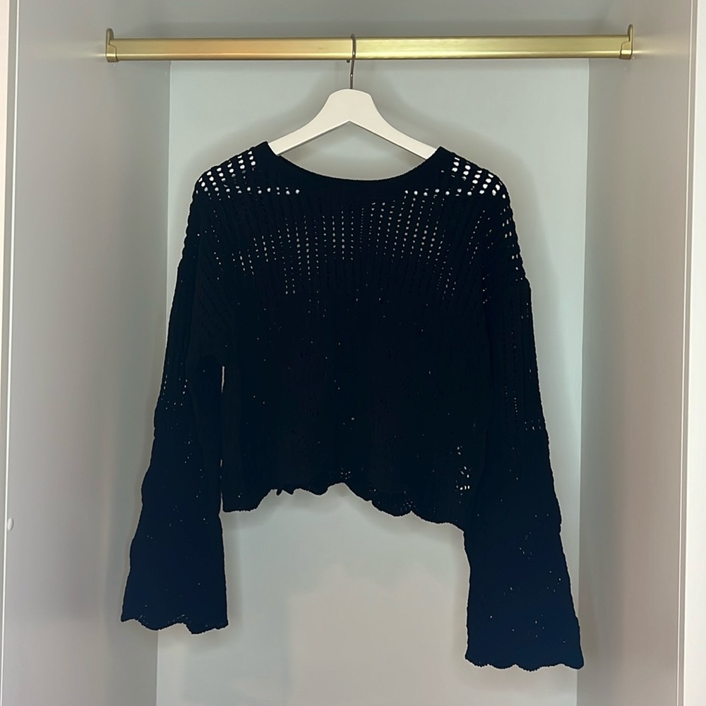 Pointell bell sleeve knit sweater